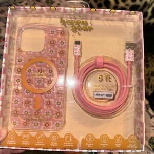 Pink Floral Phone 15 ProMax Case and Charging Cable Set
